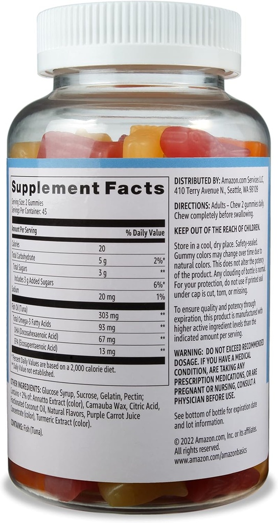 Basics Fish Oil 303 mg, Lemon, Orange & Strawberry-Banana Flavors, 90 Gummies (2 per portion), EPA och DHA Omega-3 Fatty syror (tidigare Solimo) (Pack of 2)