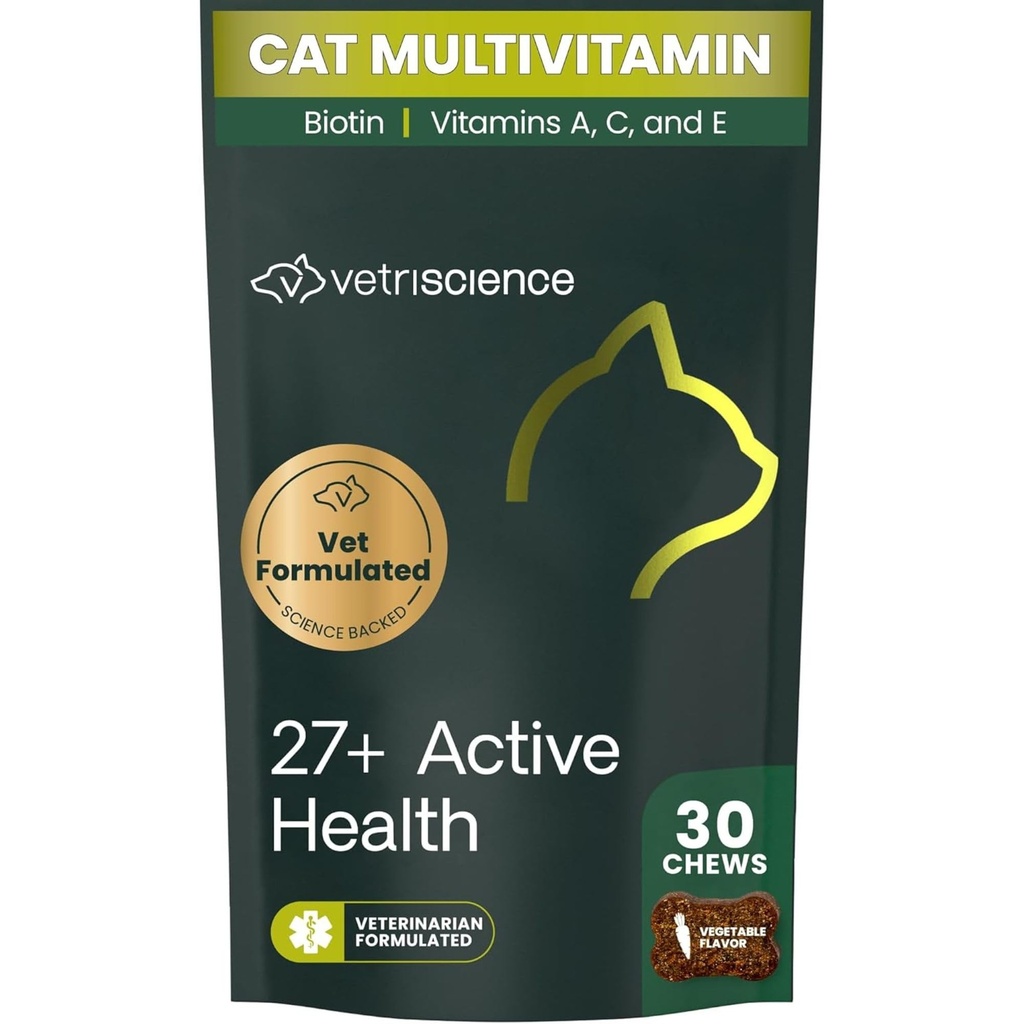 VetriScience 27+ Active Health Chews, Nu Cat Daily Multivitamin for Cats and Kittens, Balanced Vitamins, Minerals and Antioxidants, Health and Wellness Support, Veggie, 30 Count