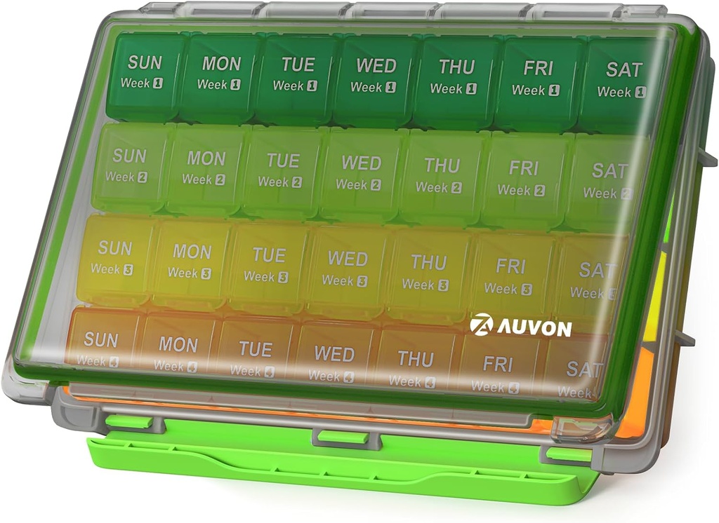 AUVON Moisture-Proof Monthly Pill Organizer, Large 28 Days Pill Box Case med Avtagbara 4 veckor Medication Organizer Rows, Travel-Friendly för att lagra fiskoljor, vitaminer, kosttillskott, mediciner