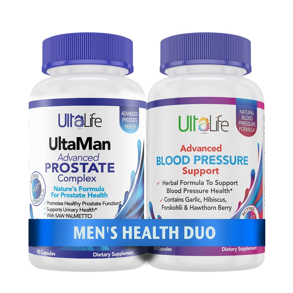 ULTALIFE Men's Health Duo - 2 Bottles - One Prostate Support Complex with Saw Palmetto & Beta Sitosterol & One HIGH Blood Pressure Supplement with Garlic & Hawthorn Berry Fast-Acting Capsules for Men