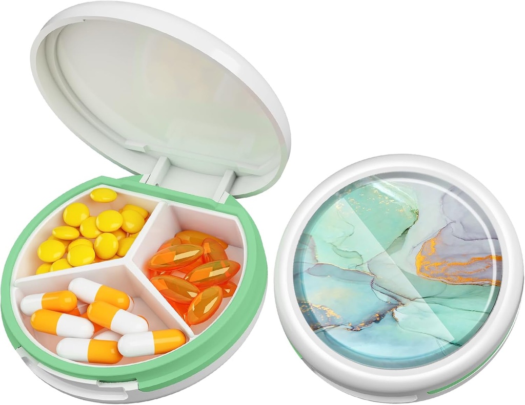 Serfeymi Small Pill Box - 3 Compartments Portable Pill Box för Purse Pocket, Compact Mini Travel Pill Case - Lämplig för medicin, vitamin, fiskolja, kosttillskott - White (Marble)