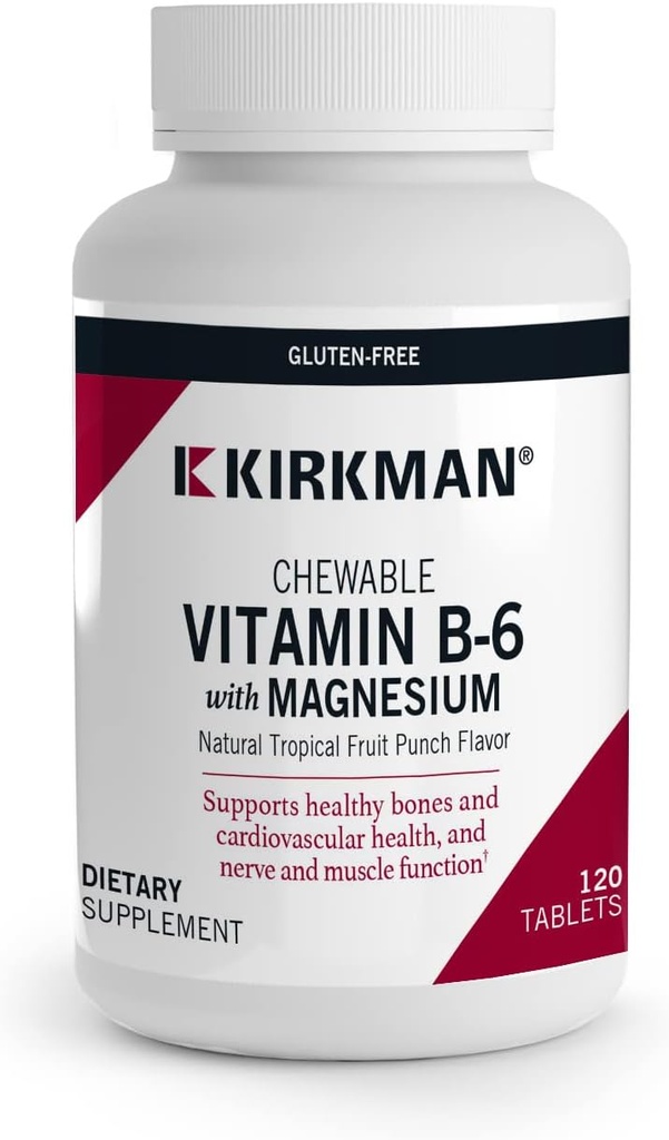 Kirkman - Vitamin B6 med Magnesium - 120 tabletter - Potent Vitamin B6 & Magnesium Supplementation - Chewable Wafer - Hypoallergenic
