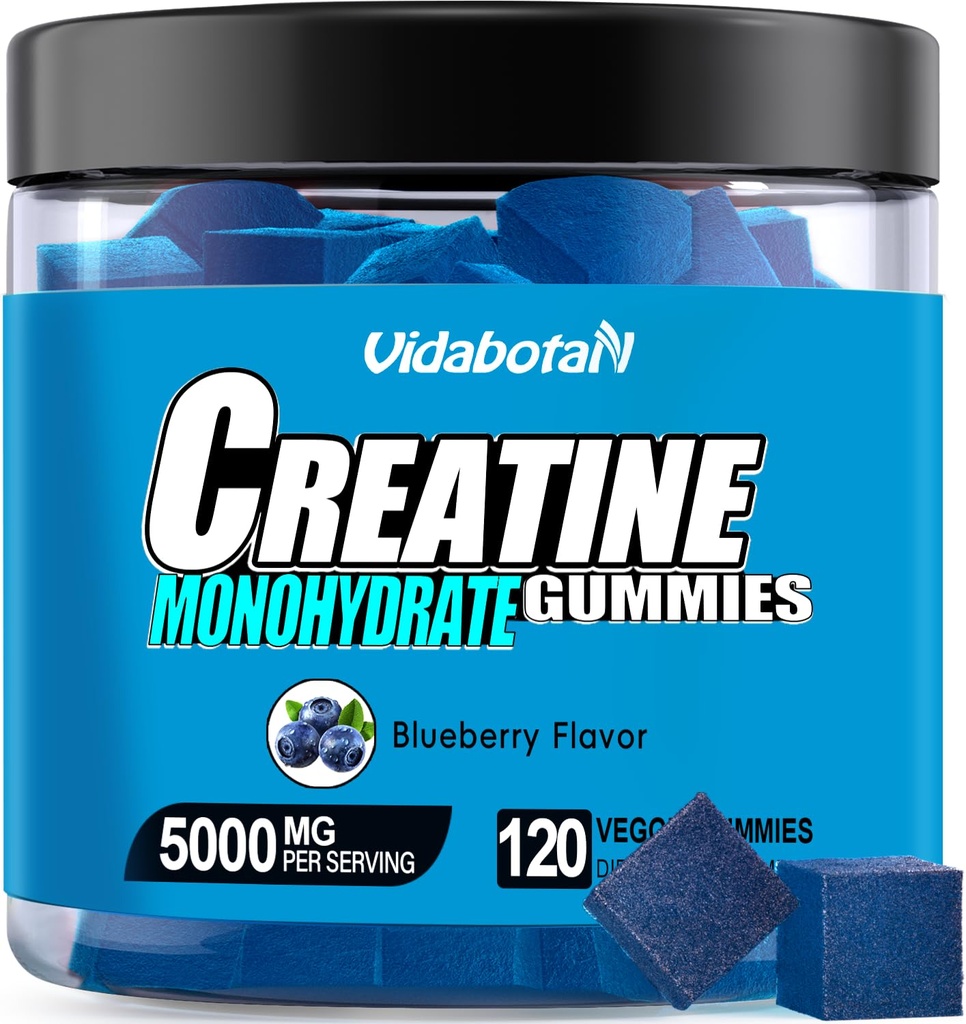 Kreatinmonohydrat Gummies för män och kvinnor-5g av kreatinmonohydrat per portion - Öka styrka och bygga muskler, sockerfri, Vegan, blåbär smak, 120 greve, B571