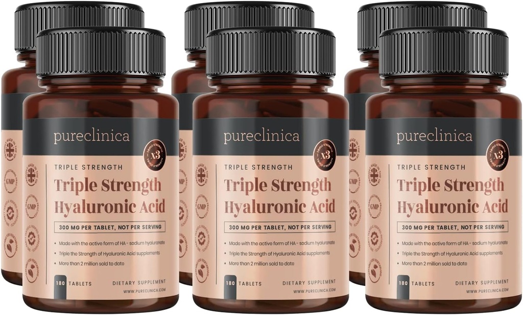 pureclinica Hyaluronsyra 300 mg x 1080 tabletter (6 flaskor med 180 tabletter - 3 års leverans). Triple Strength Hyaluronic Acid. 300% starkare än någon annan HLA-tablett