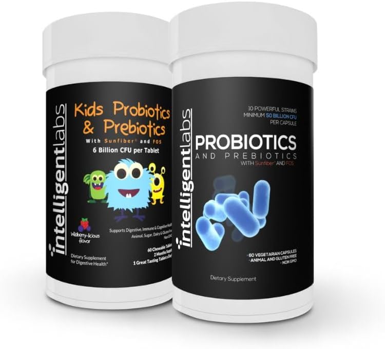 Intelligent Labs 2-i-1 Bundle of Kids Probiotics (6 miljarder CFU med Sunfiber och FOS) + Vuxenprobiotika (50 miljarder CFU, 10 stammar), ingen kylning behövs, 2 månader leverans per flaska