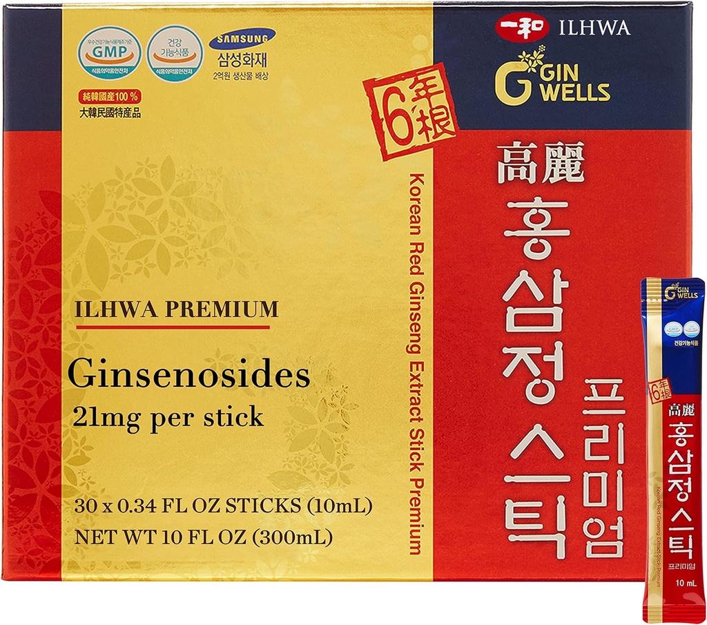 ILHWA Premium Korean Red Ginseng Extract Sticks (0,34fl oz X 30 Sticks) - för immunitet. Ginsenoside 21 mg per portion