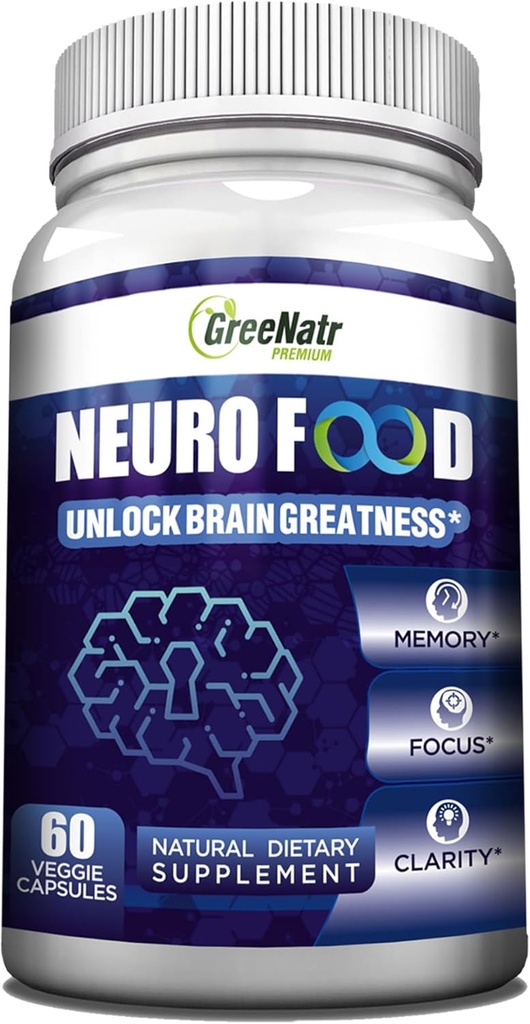 GreeNatr Brain Supplements for Memory and Focus - Ginko Biloba Capsules Brain Booster Supplement med B1, Folic Acid & Calcium - Memory Supplements for Cognitive & Brain Health 60 Capsules (1 flaska)
