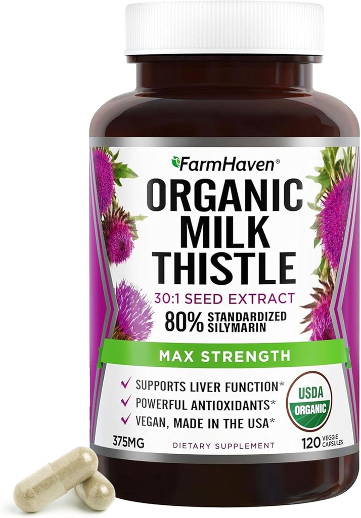 FarmHaven Silymarin Milk Thistle Capsules | 375mg Styrka | 30X Koncentrerad Seed Extract & 80% Standardized Silymarin | Non-GMO | 120 Veggie Capsules