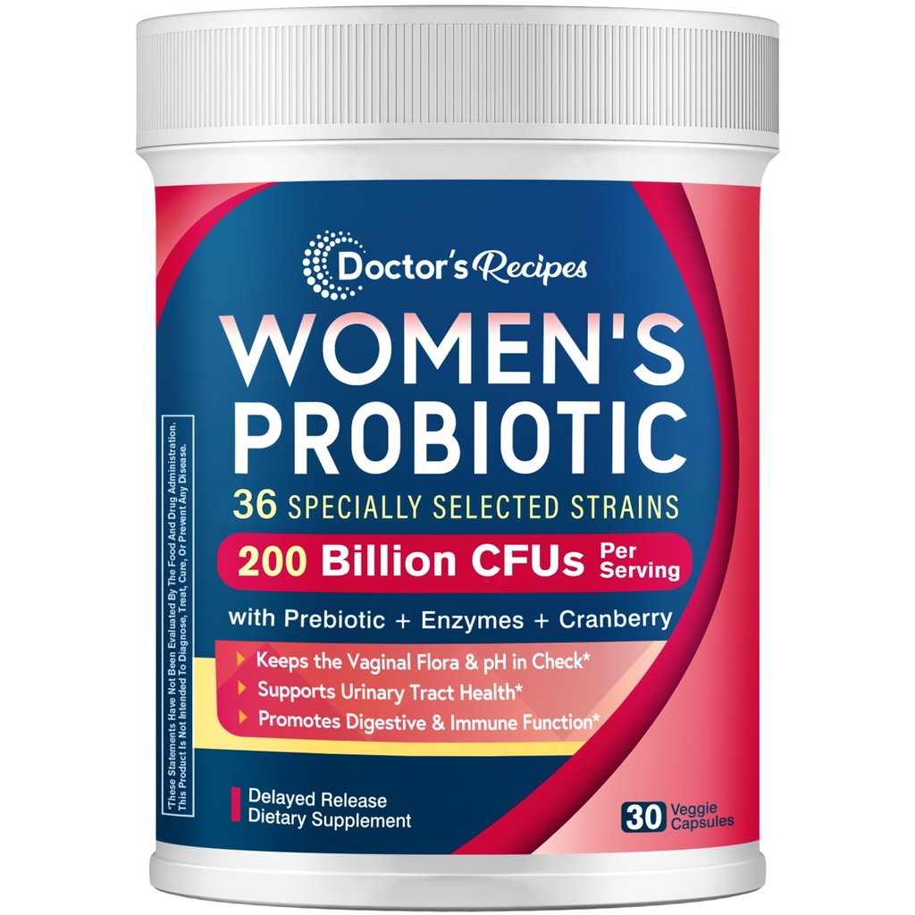 Doktorns recept probiotika för kvinnor, 200B CFUs 36 stammar, med prebiotika, enzymer och tranbär, vaginal urin Digestive & Immune, Shelf Stable, 30 Caps