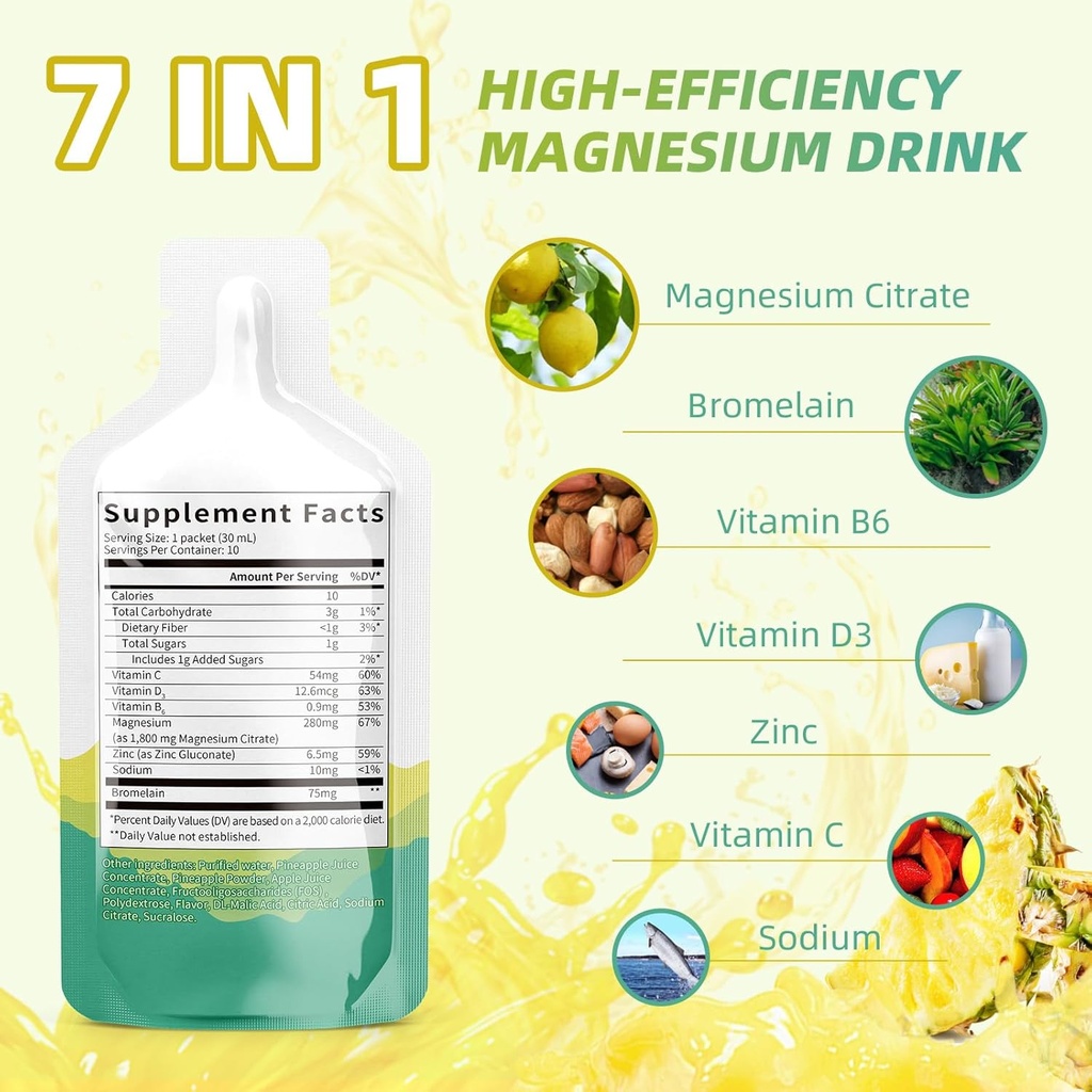 Magnesium Citrate Liquid Supplement (10 Fl Oz), Magnesium Complex Drink/Oral Lösning med VitaminB, Zink, Natrium och Bromelain för sömn, Muscle, Heart, Gut Support (Pineapple)