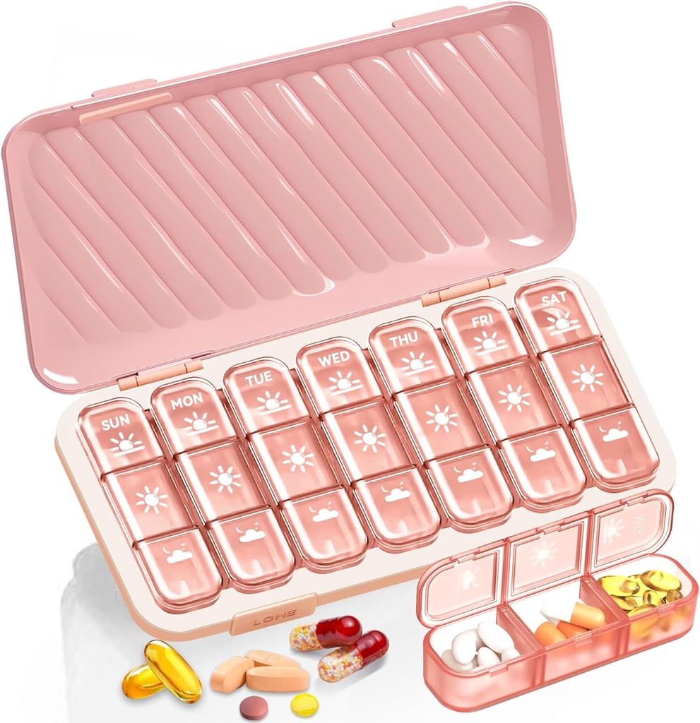Pill Organizer 3 Times A Day, 7 Day Pill Box - GloDeals Weekly Pill Organizer, Portable Removable Daily Medicine Container Dispenser Case för vitamin Fish Oil Supplement, Pink