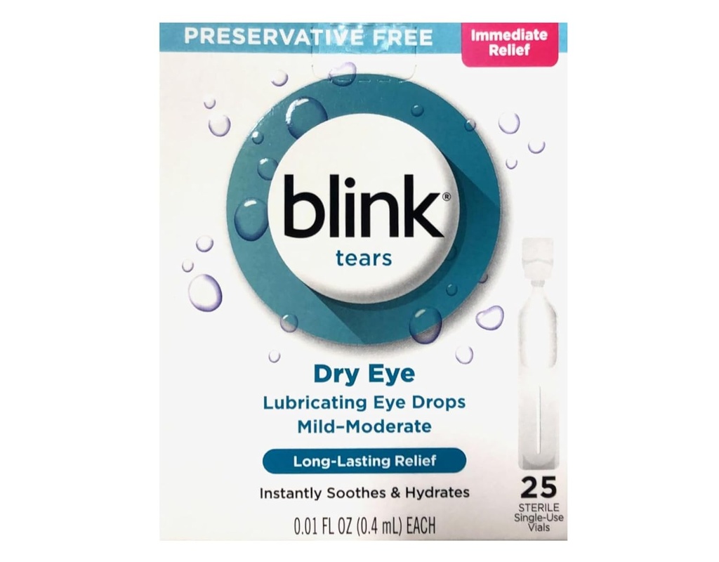 BLINK Tears Eye Drops for Dry Eyes, Preservative Free Lubricating Eye Drops, Sterile Single Use Vials, Gentle Eye Care for Mild to Moderate Dry Eye Symptom Relief, 25 Count, 0,01 fl oz Vials