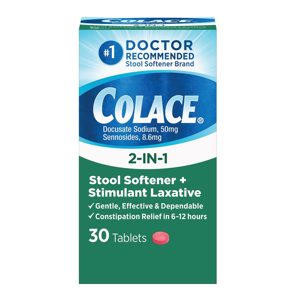 Colace 2-In-1 Stool Softener & Stimulant Laxative Tablets, Gentle Constipation Relief i 6-12 timmar, 30 greve