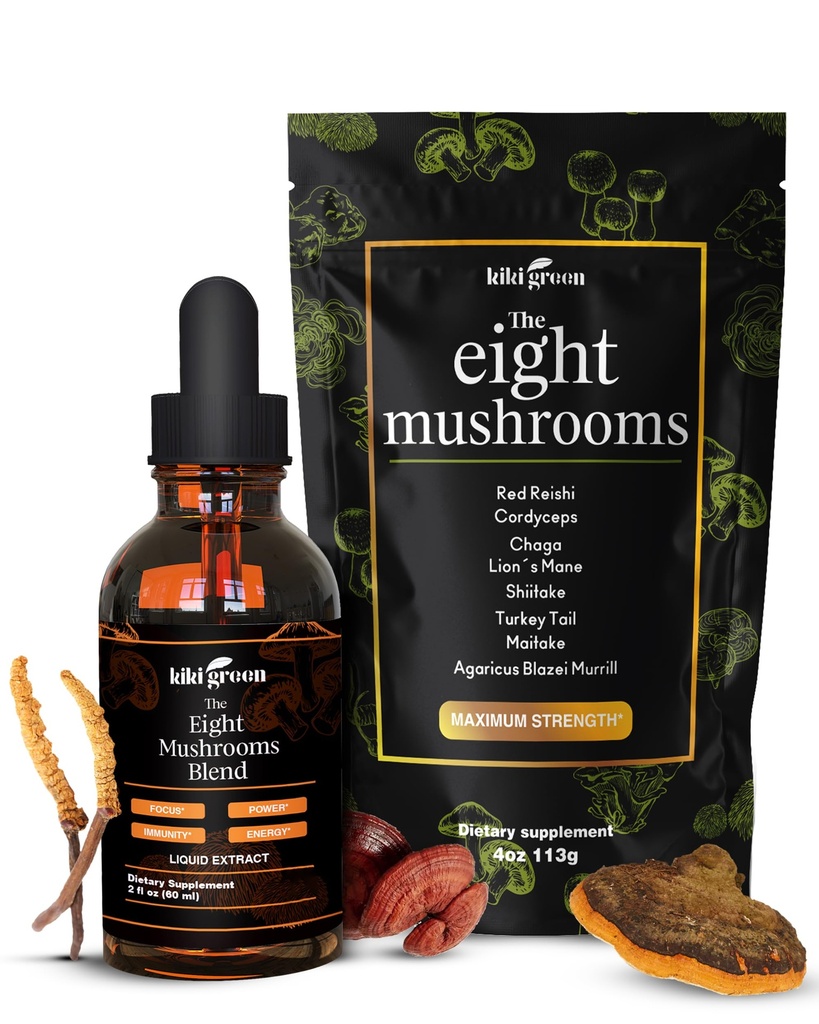 KIKI Green 8 Mushrooms Powder & Liquid Extract Bundle - Mushroom Supplement Complex för Focus & Energy - Lion's Mane, Chaga, Cordyceps, Turkiet Tail, Reishi, Shiitake, Maitake - 4 oz, 2 fl oz
