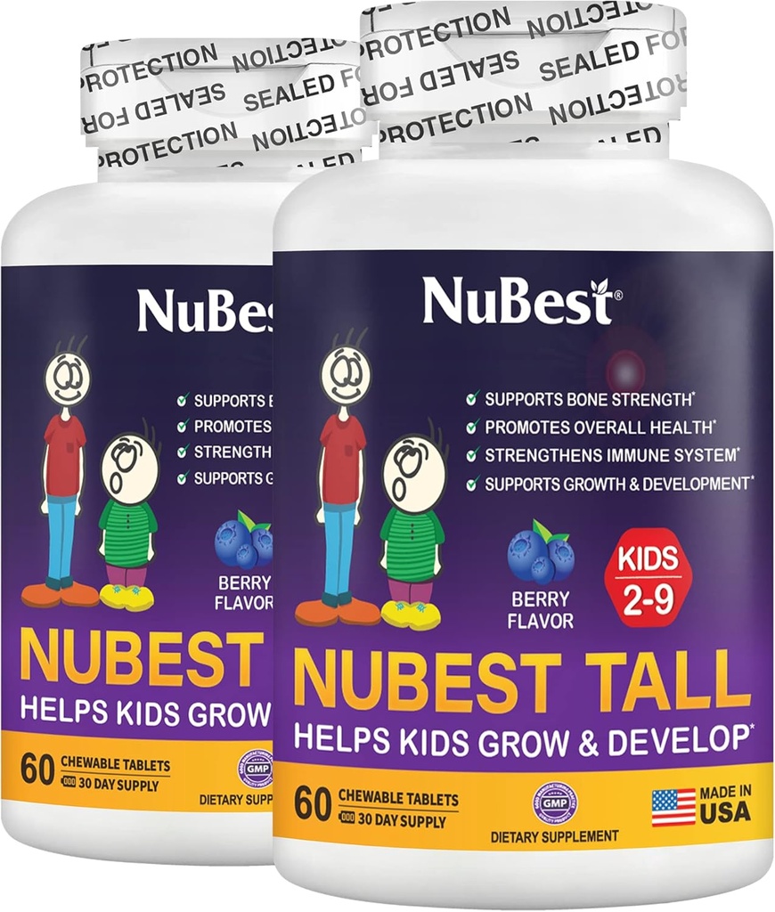 NuBest Tall Kids - Multivitaminer & Mineraler för ålder 2 till 9 - Benstyrka & immunitet Support - Hjälper barn, småbarn friska - djurformer - 120 tuggbara bär tabletter | 2 månaders leverans