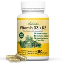 Vegan Vitality Vitamin D3 K2 4000IU (100mcg) med Coconut Oil, 100% Plant Based Vegan Vitamin D för Vegan och Vegetarian - 60 kapslar