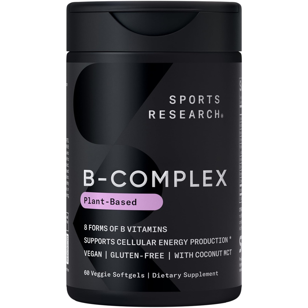Sports Research® Vitamin B-Complex - Fullt spektrum av B-vitaminer med metylerad B12 & folat - Glutenfri · Plantbaserad · Icke-GMO · Veganvänlig formel - 60 Veggie Softgels
