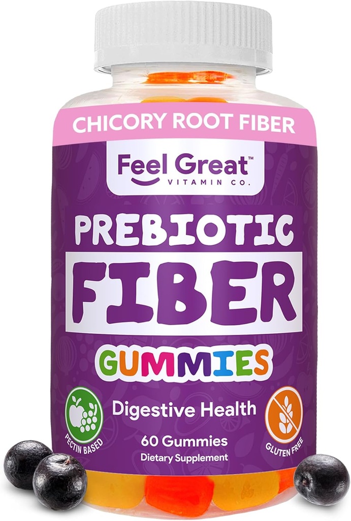 Prebiotiska Fiber Gummies av Feel Great Vitamin Co (60 Gummies) | Hjälper till att förbättra matsmältningshälsa, återställa naturlig gutflora och stödja övergripande hälsa och immunitet * | Vegetarisk och veganvänlig tugga