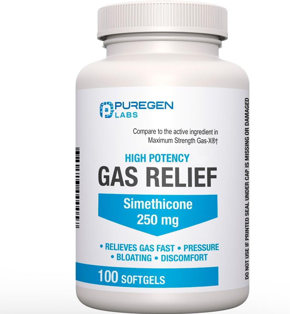 Maximal styrka Gas Relief Softgels med Simethicone 250 mg Relieve Pressure, Bloating och smärtsamt obehag Jämför med Gas-X och Phazyme -100 Count