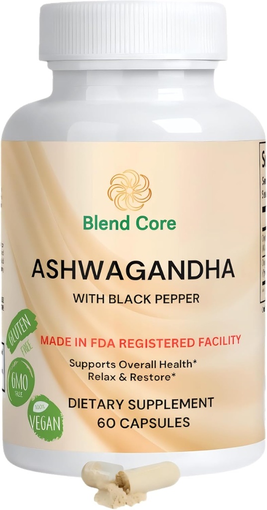 Ashwagandha med Black Pepper Ashwagandha Supplements - 60 Count Pure Ashwagandha Capsules för Immune Support, Energy Boost - Non-GMO Vegan Friendly Ashwagandha Complex