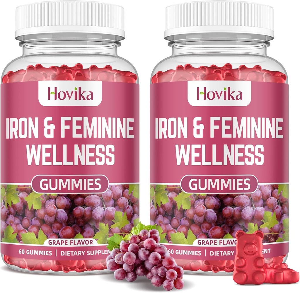 Järn för kvinnor Gummies, 40mg Iron Supplement Anemi med multivitamin för kvinnor, Zink, Selenium, jod - för järnbrist - Naturligt hormonellt stöd för PMS, druvsmak, 2 Pack
