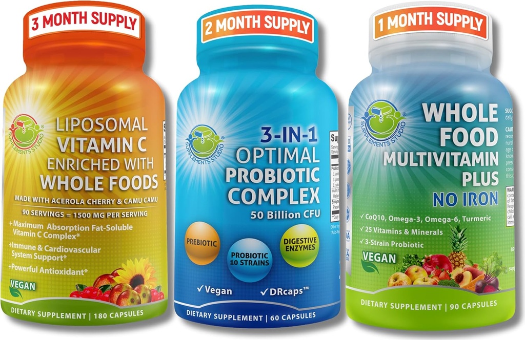 Gut Health, Immunity, Energy & Nutrient Support - 3-i-1 Probiotikum med Digestive Enzymes + Liposomal Vitamin C 1500mg + Whole Food Multivitamin Utan Järn - Vegan, Non-GMO, Clean Wellness Support
