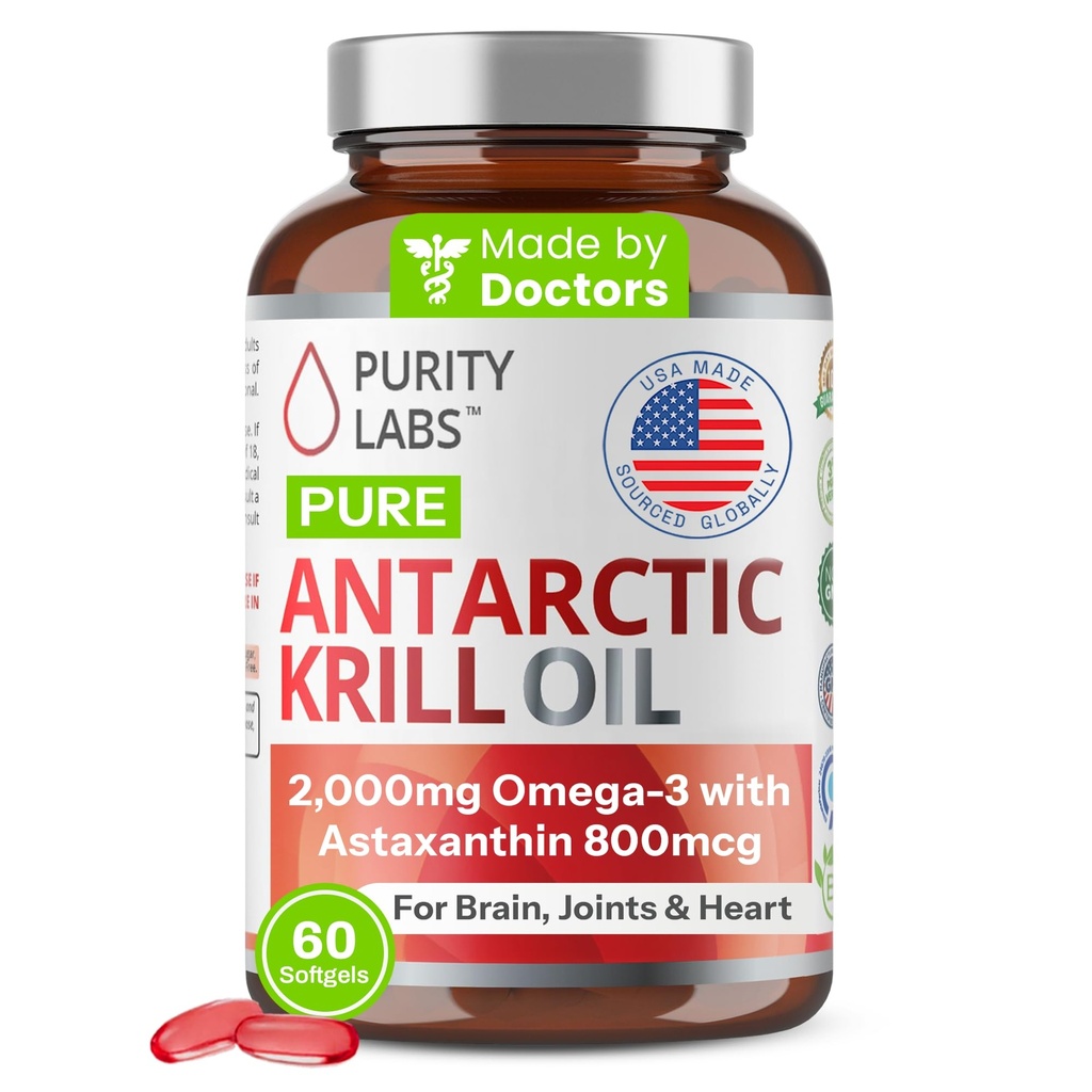 Purity Labs Antarctic Krill Oil 2000mg Omega-3 med Astaxanthin 800mcg Supplements för att stödja minne- Rich i Omega 3, Fatty Acids, DHA, EPA & Phospholipids - 60 Softgels