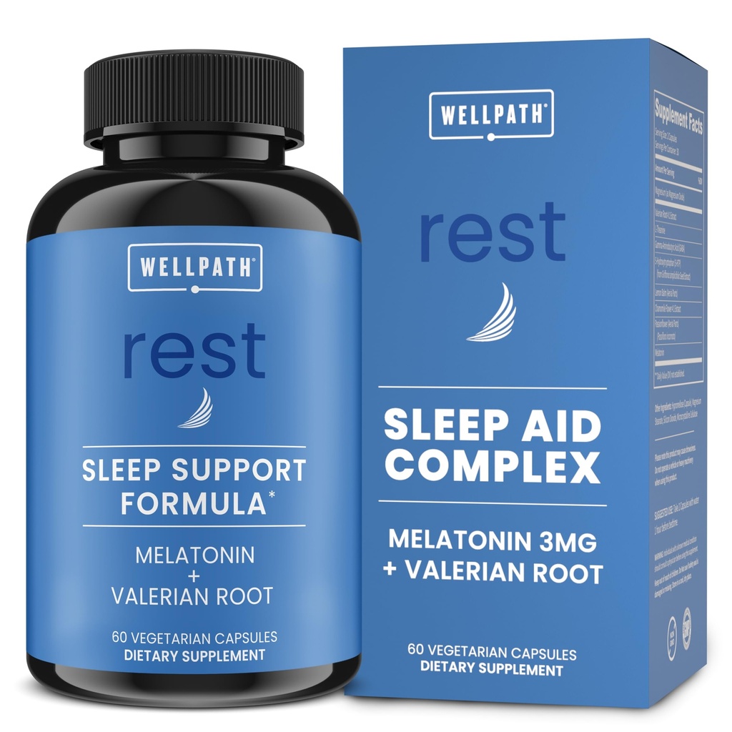 WellPath Rest Valerian Root Sleep Aid för vuxna med Melatonin & L-Theanine | Natural & Herbal Sleeping Pills med extra styrka | 5-HTP, Lemon Balm, Chamomile, 60 Ct