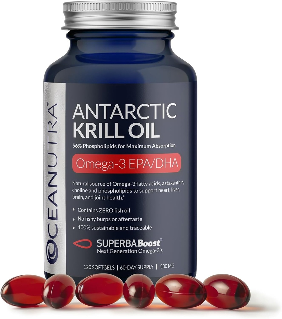 Wild Caught Antarctic Krill Oil 500mg Softgels, SuperbaBoost Omega 3 Supplement, EPA & DHA, Astaxanthin, Choline, 56% Fosfolipider, Sustainable, No Fish Oil, Vanilla Flavor (60-dagars leverans)