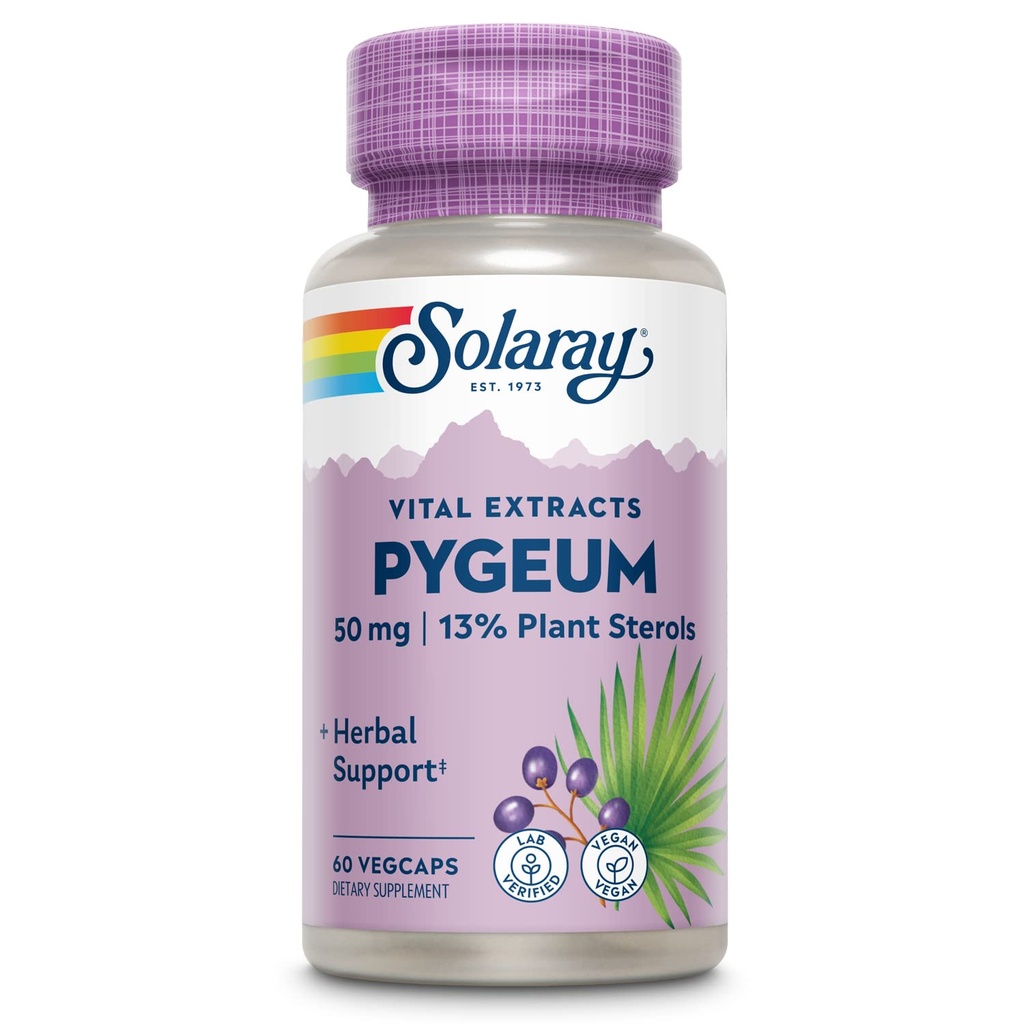 SOLARAY Pygeum Bark Extract 50mg - Pygeum Supplement for Prostate Health Support - Garanterad att innehålla 6,5 mg Plant Sterols som Beta Sitosterol, Non-GMO, Vegan, 60-dagars garanti, 60 Serv, 60 VegCaps