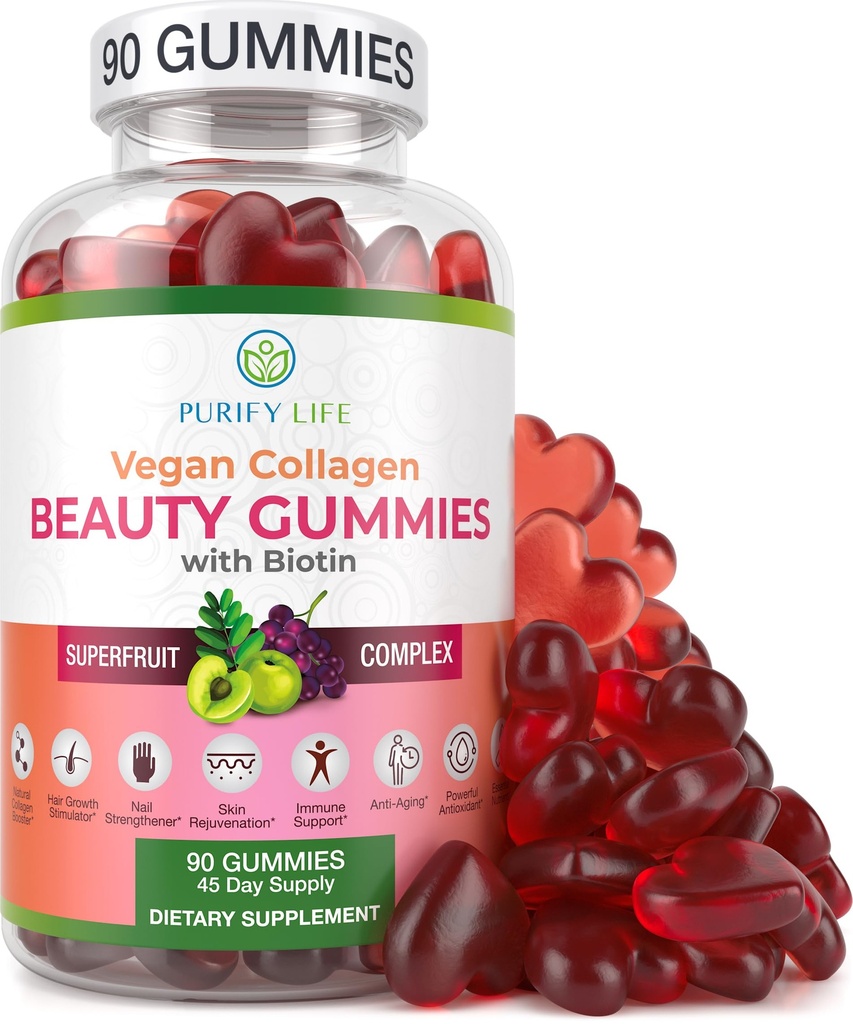 Rena Life Vegan Collagen Gummies med Biotin Vitaminer för hårskinn och naglar Hälsa, (90 Chews) Collagen Support Superfruit Komplex med Resveratrol, vitamin A, E, C - Byt ut kapslar, piller