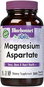 BlueBonnet Nutrition Magnesium Aspartate, stöder hälsosamma magnesiumnivåer, Soy & Gluten & Dairy Free, Non-GMO, Kosher Certified, Vegan, 100 Servings, White, 200 Count