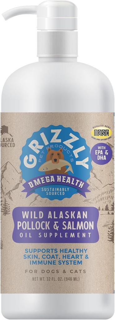 Grizzly Pet Products Omega Health Liquid Omega-3 Supplement for Dogs and Cats, 32 Ounce Bottle