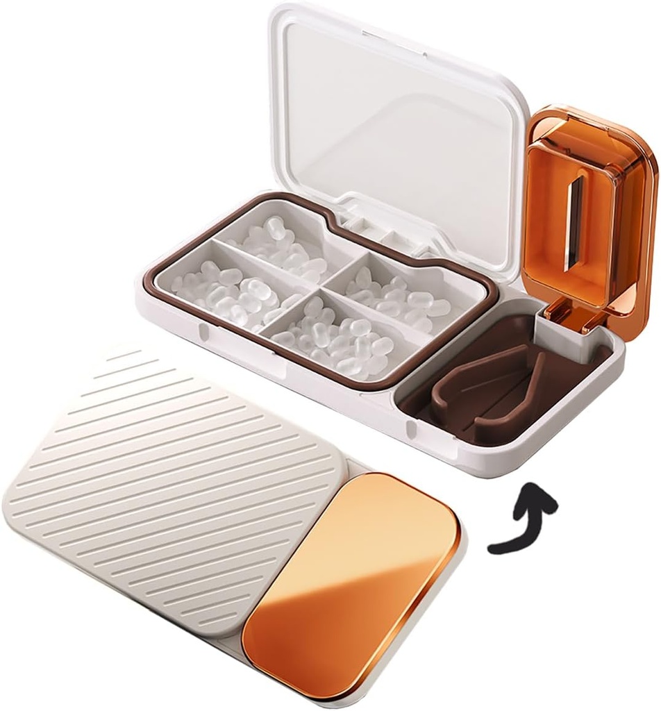 MURRI & MURRDI Pill Organizer med Pill Splitter Cutter, 4 Compartments Small Portable Medicine Case for Purse Pocket, Pill Vitamin Dispenser Holder, White