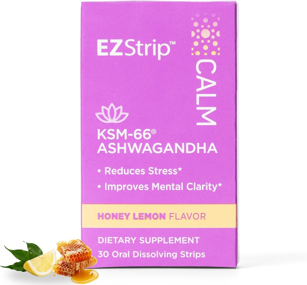 Calm Supplement - Honung Lemon Flavor, 30 greve - lösa lugnande remsor med Ashwagandha KSM 66 Hjälp Stöd Stress Relief - Tillverkad i USA, socker och glutenfri