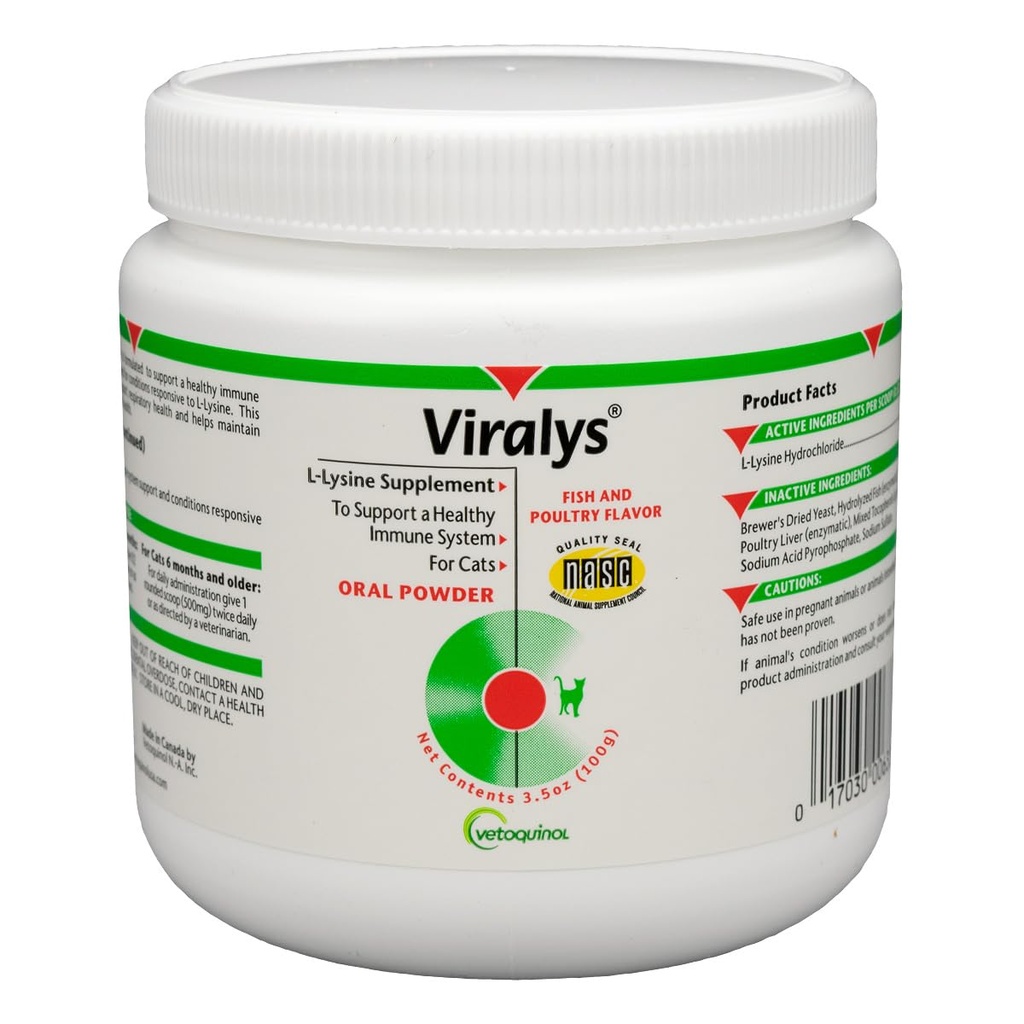 Vetoquinol Viralys Daily L-Lysine Powder för katter och kattungar, Fisk smaksatt Lysine Supplement för katter och kattungar för att stödja immunhälsa, normal ögonfunktion och andningshälsa, 100gm