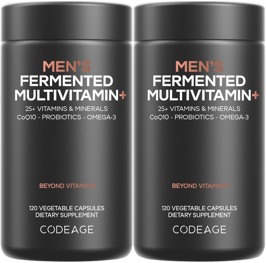 Codeage Mäns dagliga multivitamin - 25 + väsentliga vitaminer och mineraler, organiska hela livsmedel, probiotika, Omega-3, Zink, vitamin A, B, C, D, E & K, 2 Pack