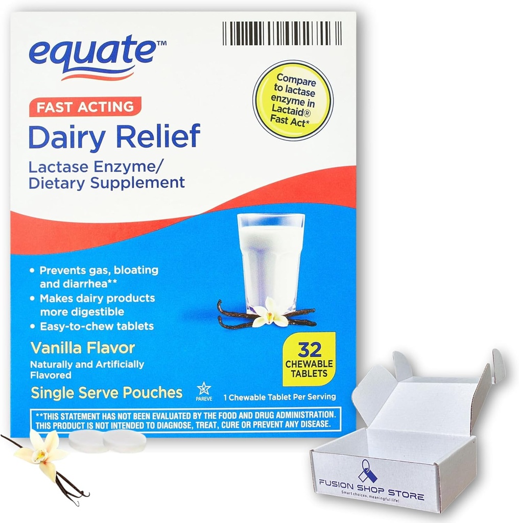 Dairy Pills för laktosintolerans - Lika snabbverkande lättnad Vanilla smak, 32 tuggbara tabletter, Lactaid Chewables, Lactase Enzyme (Pack of 1), Boxed by Fusion Shop Store