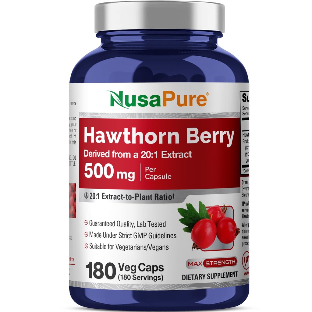 NusaPure Hawthorn Berry 20:1 Extrakt, 500 mg Jämförelse till 10 000 mg 180 Veg Caps, Lämplig för vegetarianer, Vegan, icke-GMO Kosttillskott