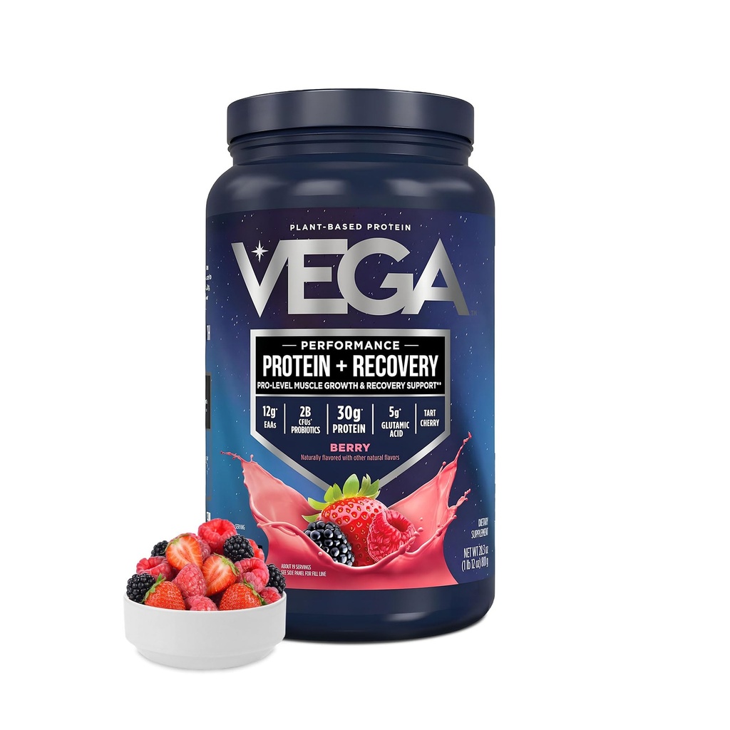 Vega Sport Vegan Protein Powder + Recovery - 30g Plant Based Protein per Servering, Berry, 19 Servings, 5g BCAAs, Probiotika, NSF Certified, För Shakes & Smoothies, 1,8lbs (Packaging May Vary)