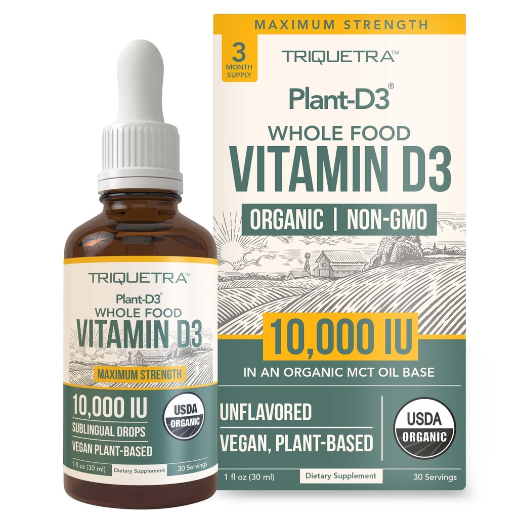Organisk vitamin D3 10 000 IE - Plant D3, Vegan, Max Strength Sublingual Liquid D3 Drops - 200% Högre Absorption, 100% Plant-Based Cholecalciferol Form & Vegan D3, Justerbar dosering (30 portioner)