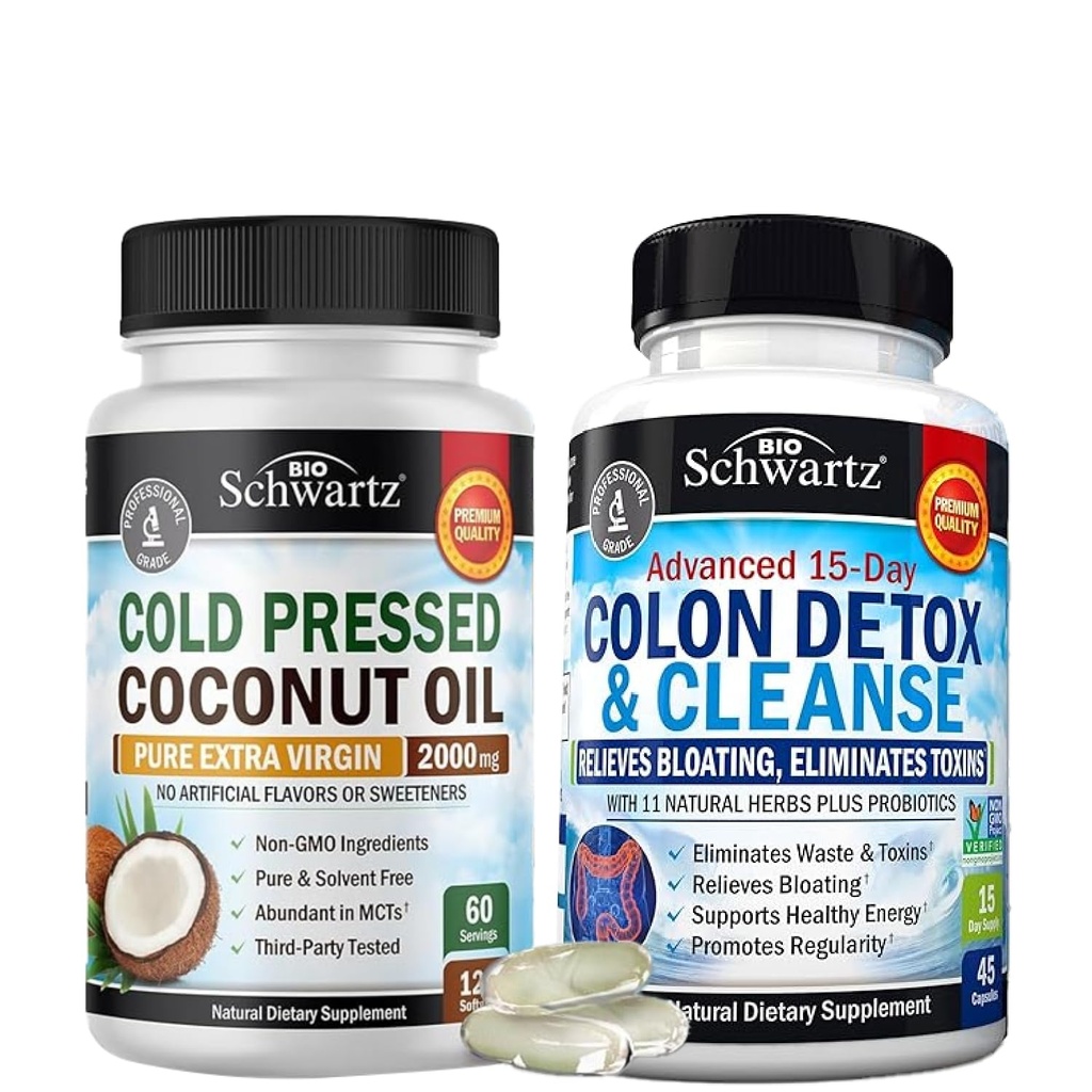 BioSchwartz 15 Day Cleanse för Colon och Gut Health Plus Cold Pressed MCT Coconut Oil Capsules (2 månads leverans)