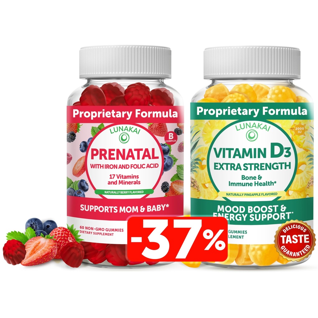 Lunakai Prenatal och Vitamin D3 Gummies Bundle - Graviditet Multivitamin Gummy med järn och folsyra - immunitet, ben och humörsupport tillskott för vuxna
