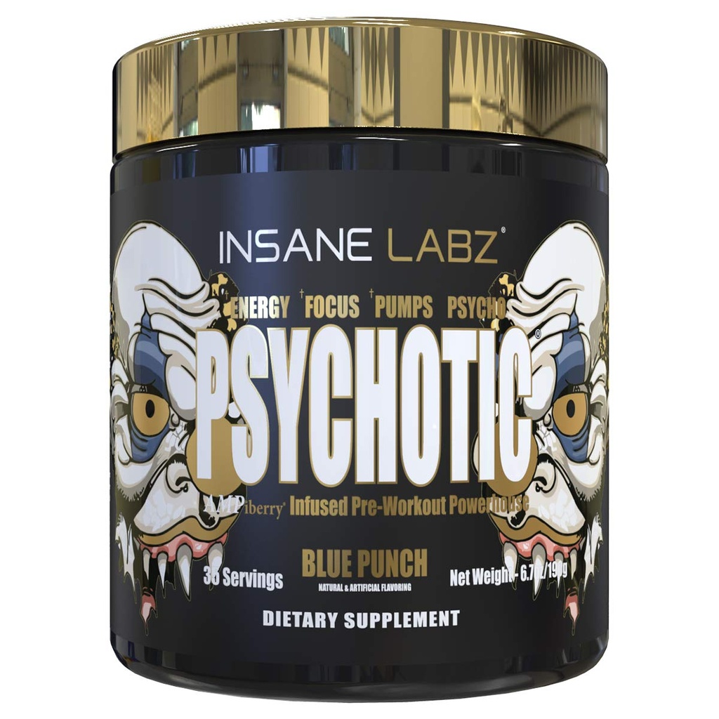 Insane Labz Psychotic Gold, High Stimulant Pre Workout Powder, Extreme Lasting Energy Focus, Pumps and Endurance med Beta Alanine, DMAE Bitartrate, NO Booster (35 portioner, Blue Punch)