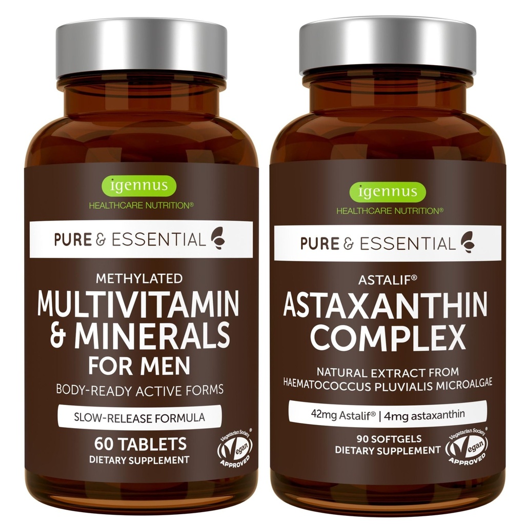 Multivitamin & Minerals for Men + Astaxanthin Complex Vegan Bundle, Sustained Release Advanced Multivitamin + 4 mg H. Pluvialis Natural Astaxanthin, by Igennus
