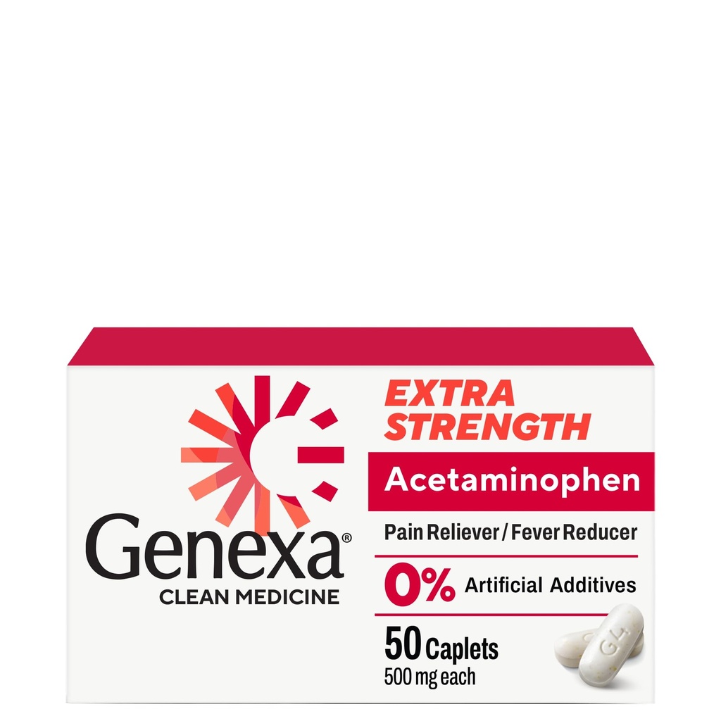 Genexa Clean Acetaminophen 500mg Extra Strength, Dye Free Pain Reliever Fever Reducer, 0% Artificiella tillsatser, Smärtmedicin för vuxna, lindrar huvudvärk, Backache, Mindre artrit smärta, 50 tabletter