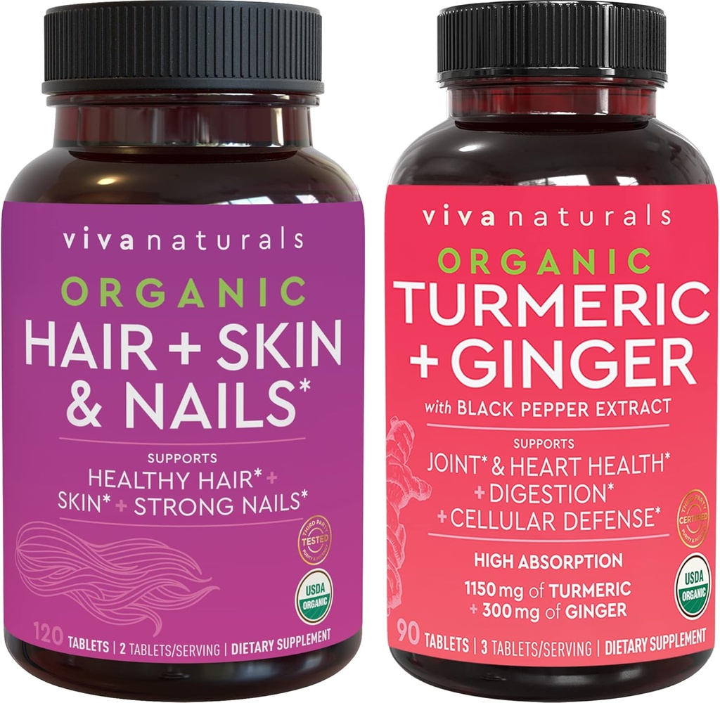 Organisk hårskinn och naglar vitaminer + organisk gurkmeja med Black Pepper & Ginger Bundle, tillverkad med Biotin 5000mcg för hälsosamt hår, gurkmeja för naturligt gemensamt stöd