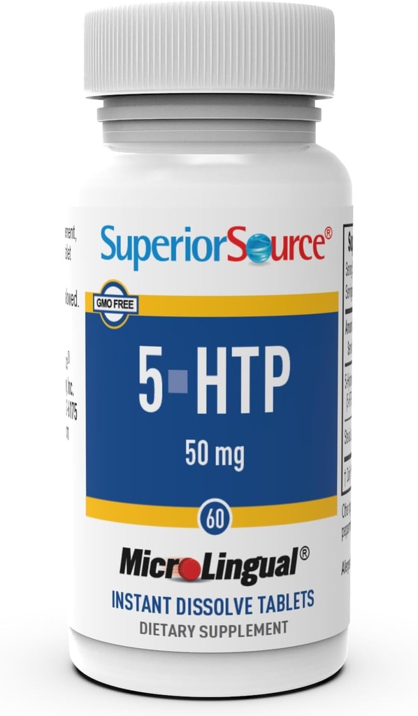 Superior Source 5-HTP 50 mg - Naturtillskott hjälper till Restful Sleep & Neurotransmittorfunktioner - Brain Health & Function Support - 5-Hydroxytryptophan Supplement - 60 Instant Dissolve Tablets