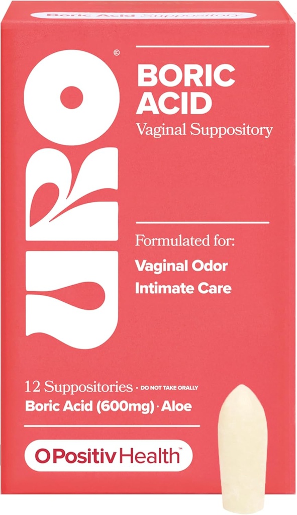 O Positiv URO Boric Acid Vaginal Suppository - med Lactic Acid och Aloe för snabb lindring och vaginal luktkontroll - Vegan, fri från parabener, dör och dofter - 12 greve (Pack av 1)