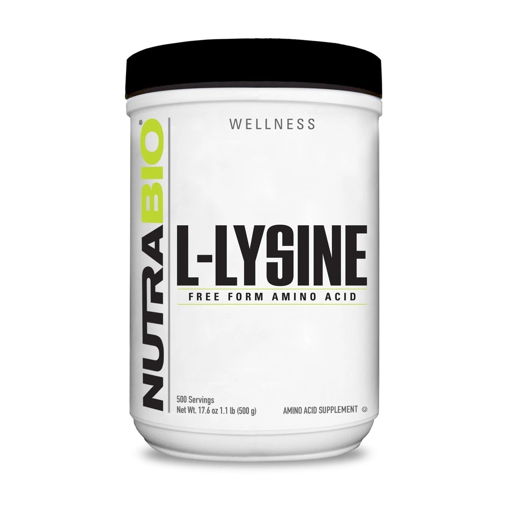 NutraBio L-Lysine Powder 500g - Essential Aminosyra för proteinmetabolism, Collagen Support och immunhälsa - Rena, osmakade, icke-GMO, Vegan-500 portioner